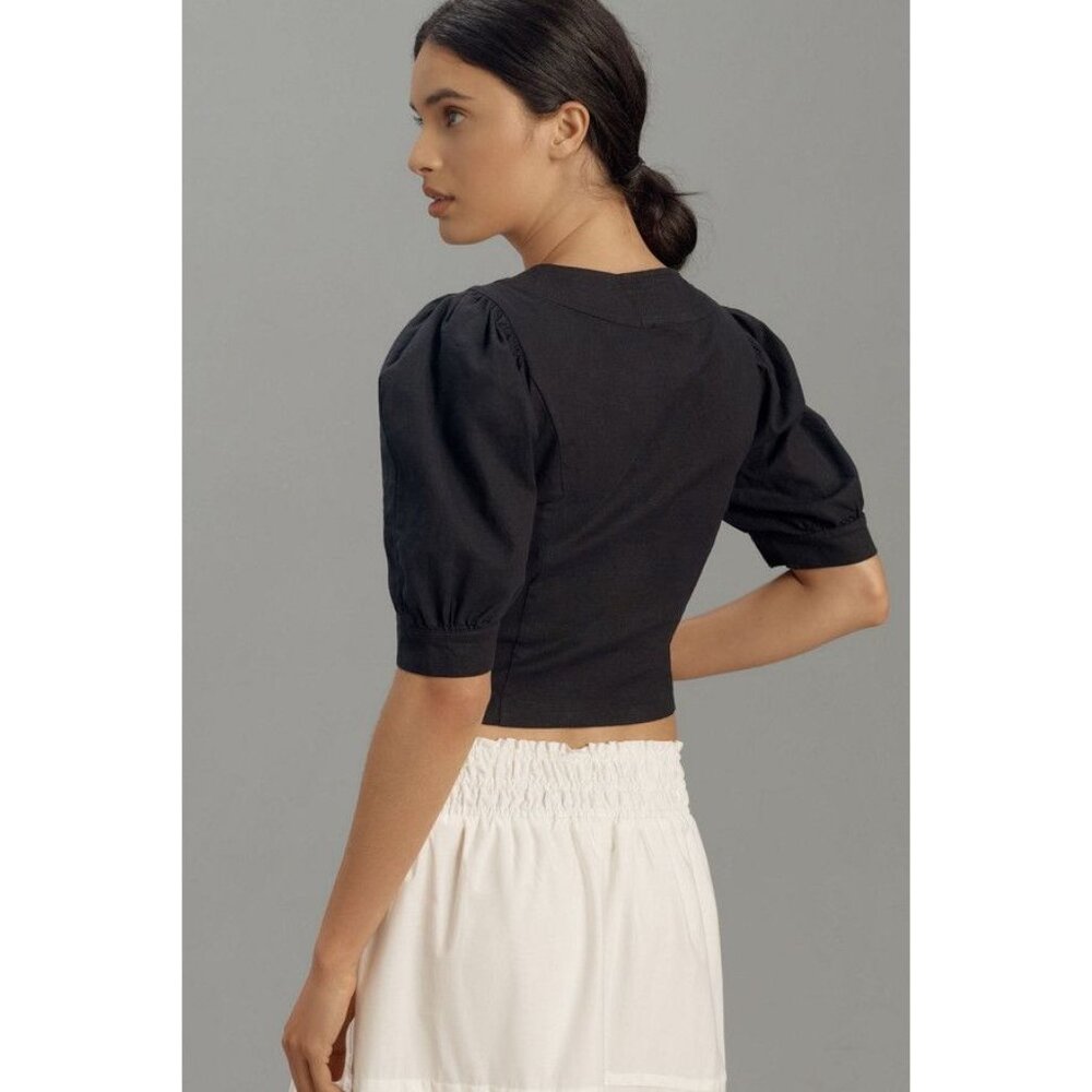Anthropologie Black Puff Sleeve Scoop Neck & Ruche Detail Sz XXS Linen Top - Picture 2 of 9